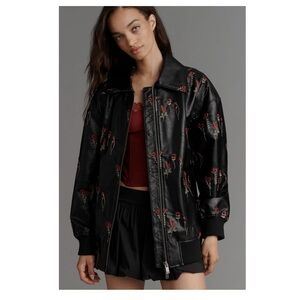 Anthropologie Maeve Faux Leather Floral Embroidered Bomber Jacket NWT